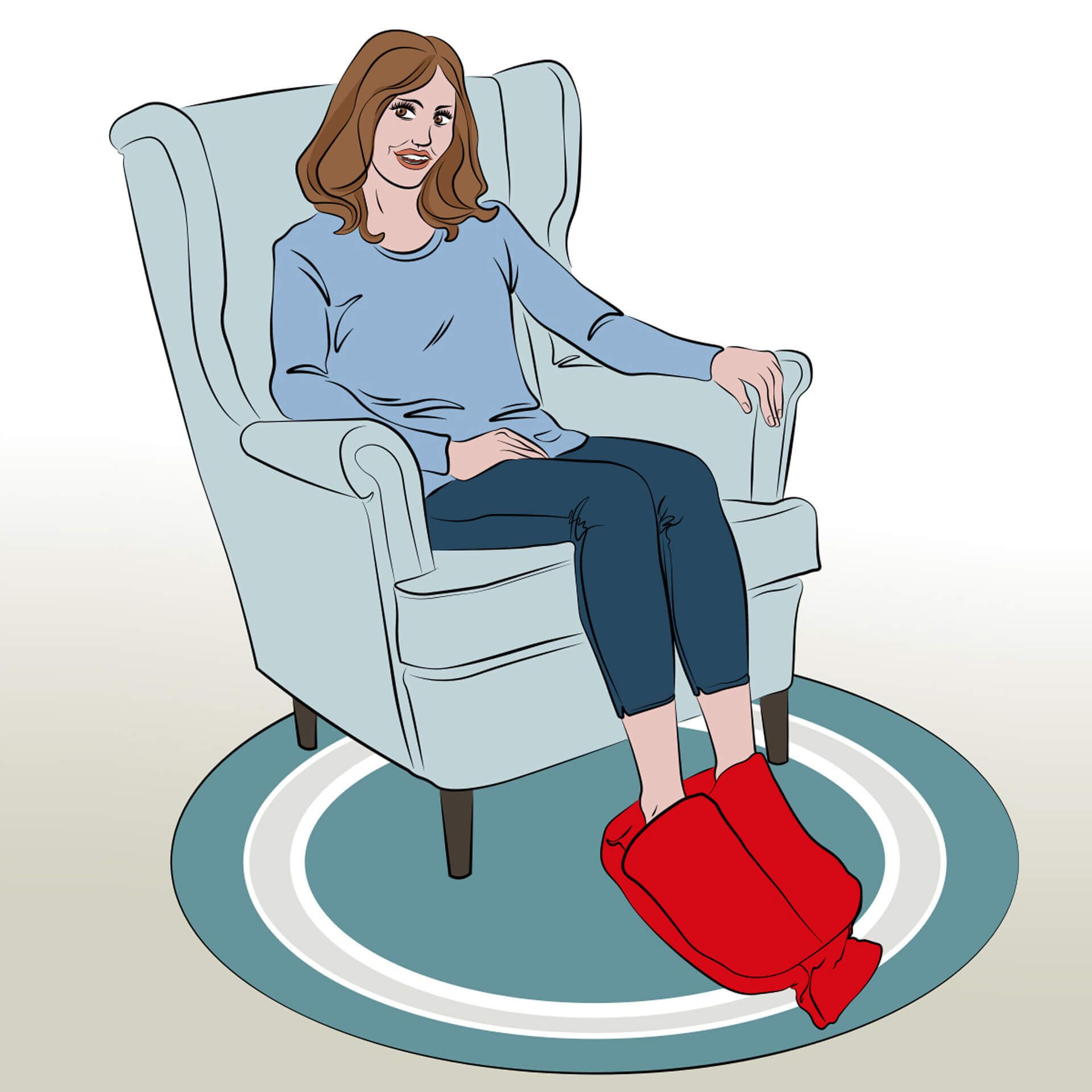 Illustration: Frau sitzt im Sessel, Füße in rotem Fleece-Fußwärmer. Blauer Teppich.
