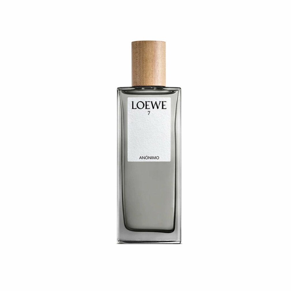 Rechteckiger Flakon mit Holzverschluss. Auf dem Etikett steht "LOEWE 7 ANÓNIMO".