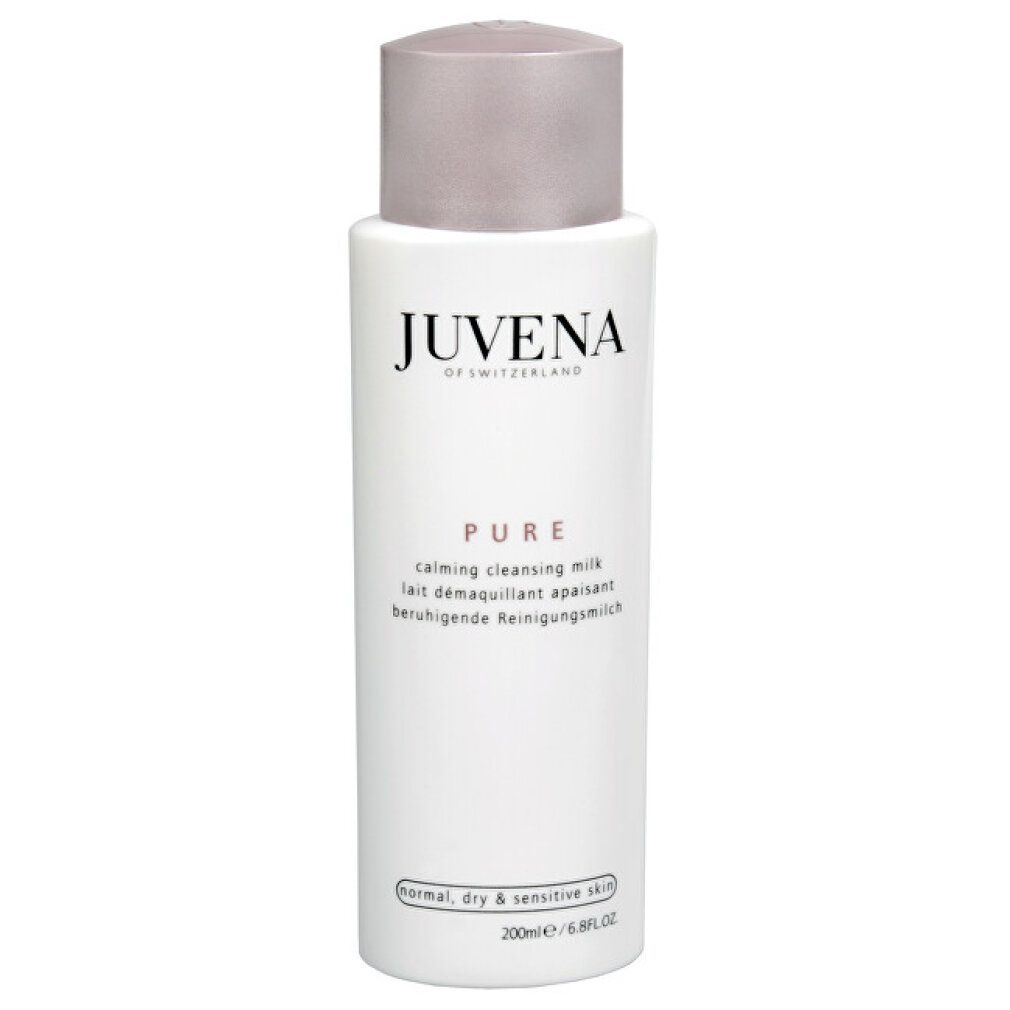 Weißes Fläschchen mit rosafarbenem Deckel. Aufschrift: Juvena. Text: Pure Cleansing Milk. Für normale, trockene und empfindliche Haut.