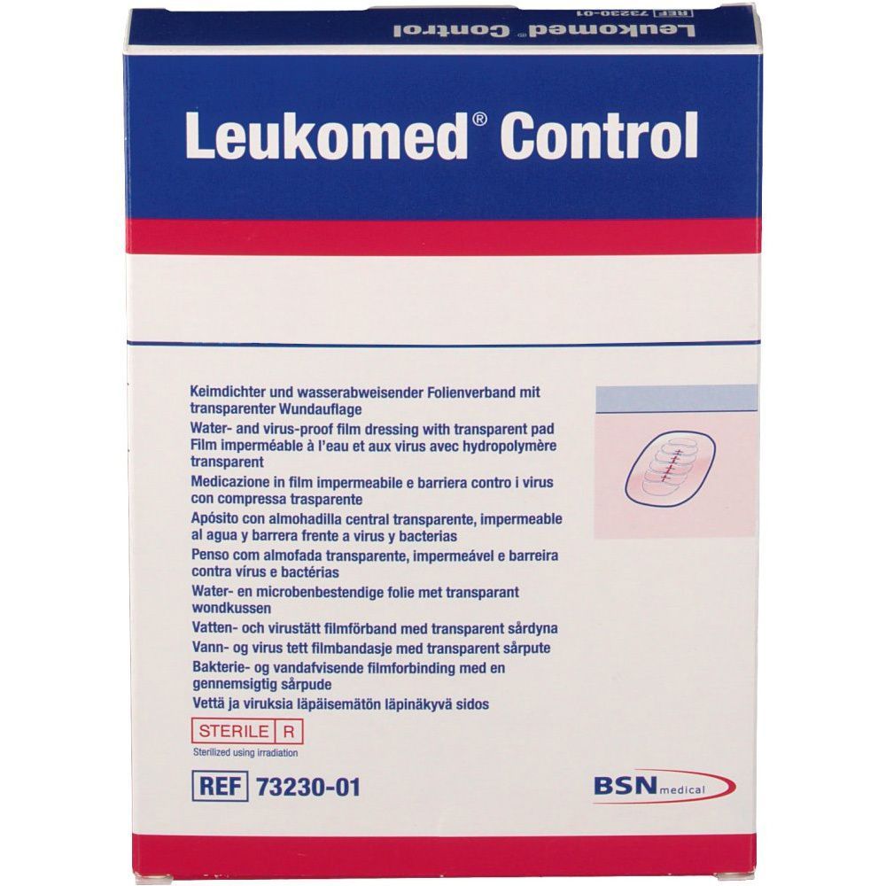 Verpackung von Leukomed Control. Blaue und weiße Schachtel mit Produktnamen. Enthält transparente Wundauflagen.