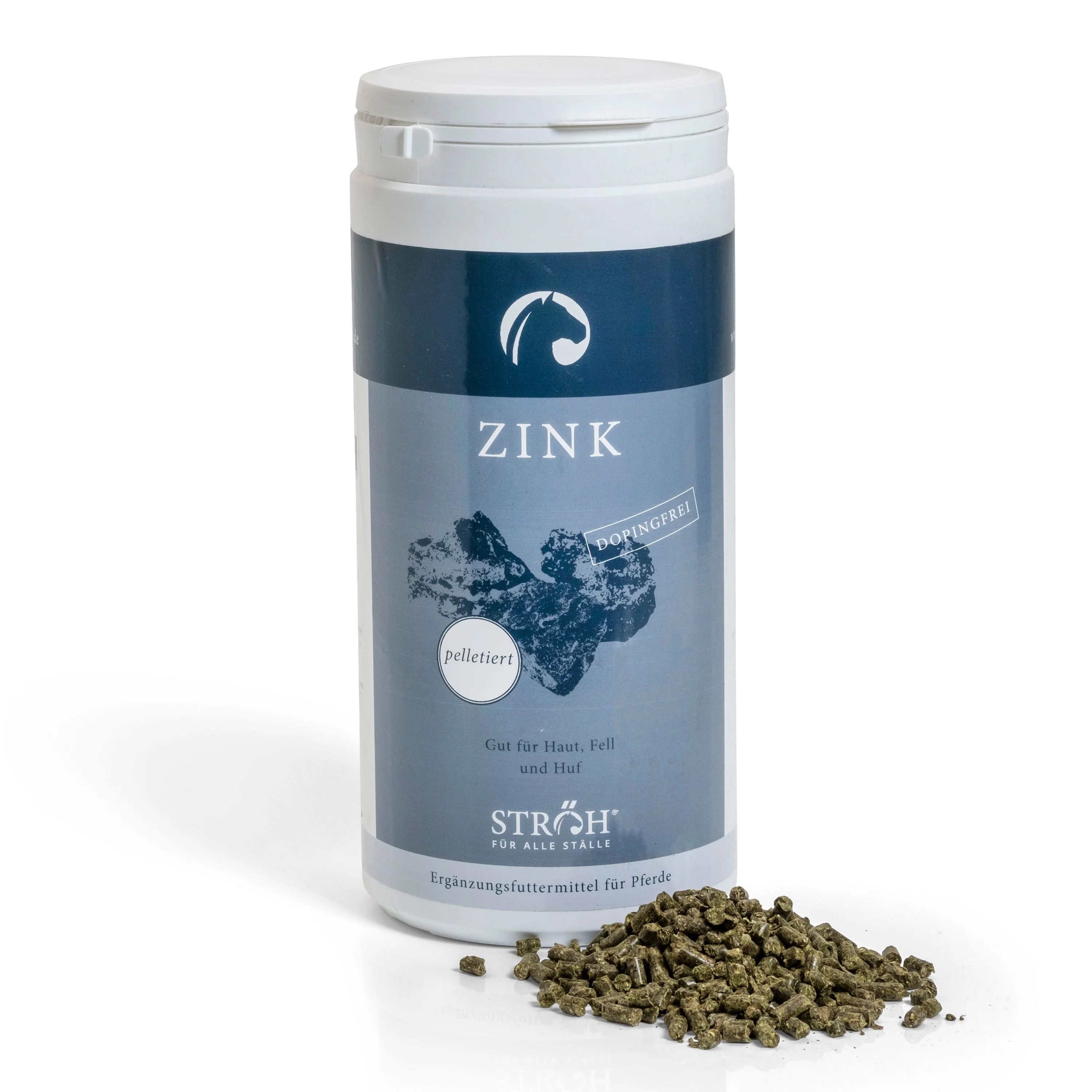 Zink-Ergänzungsfuttermittel in weißer Dose mit blauem Etikett. Text: ZINK, pelletiert, Dopingfrei. Kleine grüne Pellets daneben.