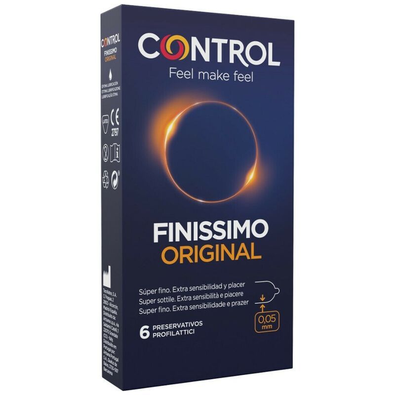 Control Finissimo Original Kondompackung, 6 Stück. Dunkelblau mit orangefarbenem Kreisdesign. Zeigt 0,05 mm Dicke.