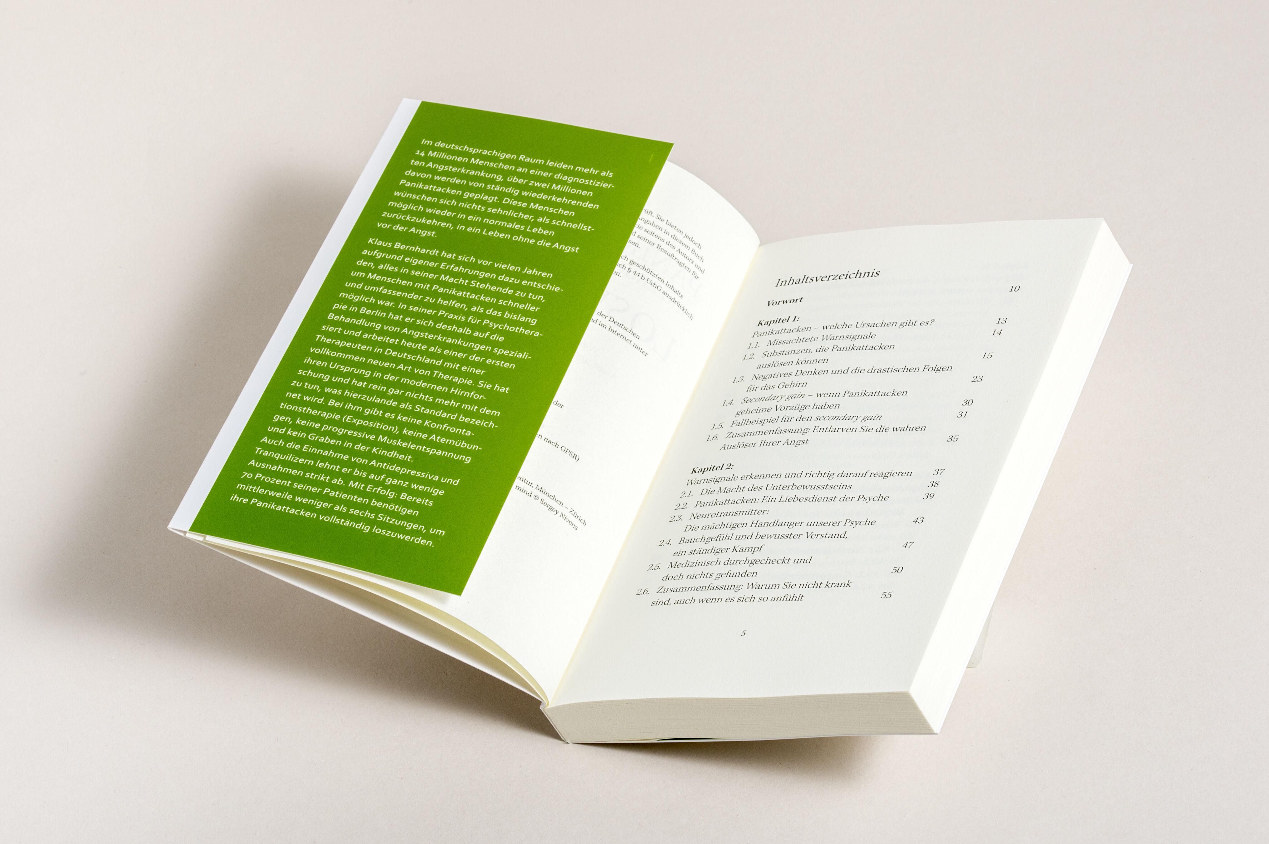 Buch, aufgeschlagen. Linke Seite mit grünem Textfeld. Rechte Seite mit Text. Kapitelüberschriften.