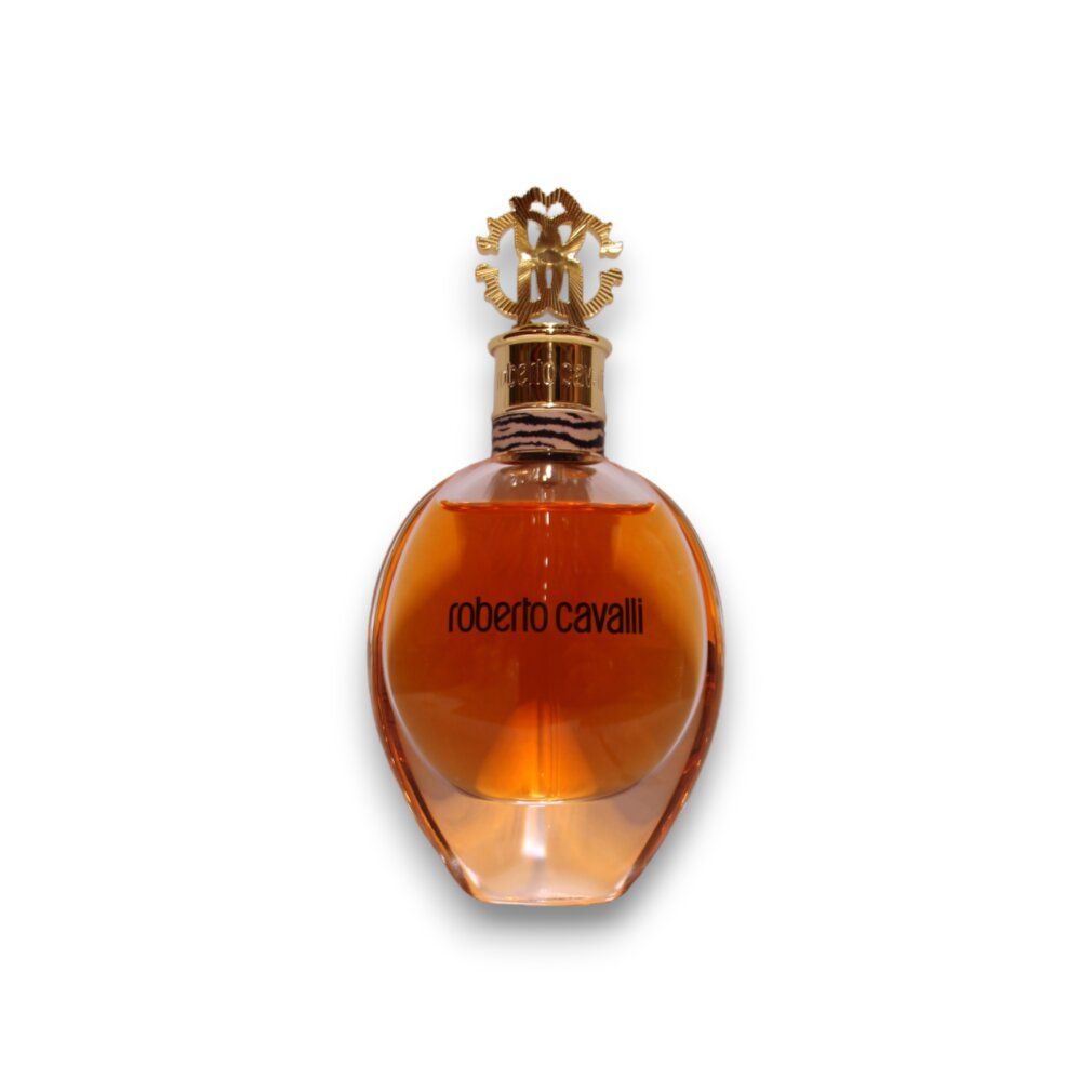 Roberto Cavalli Eau de Parfum Flakon. Goldfarbenes Design.