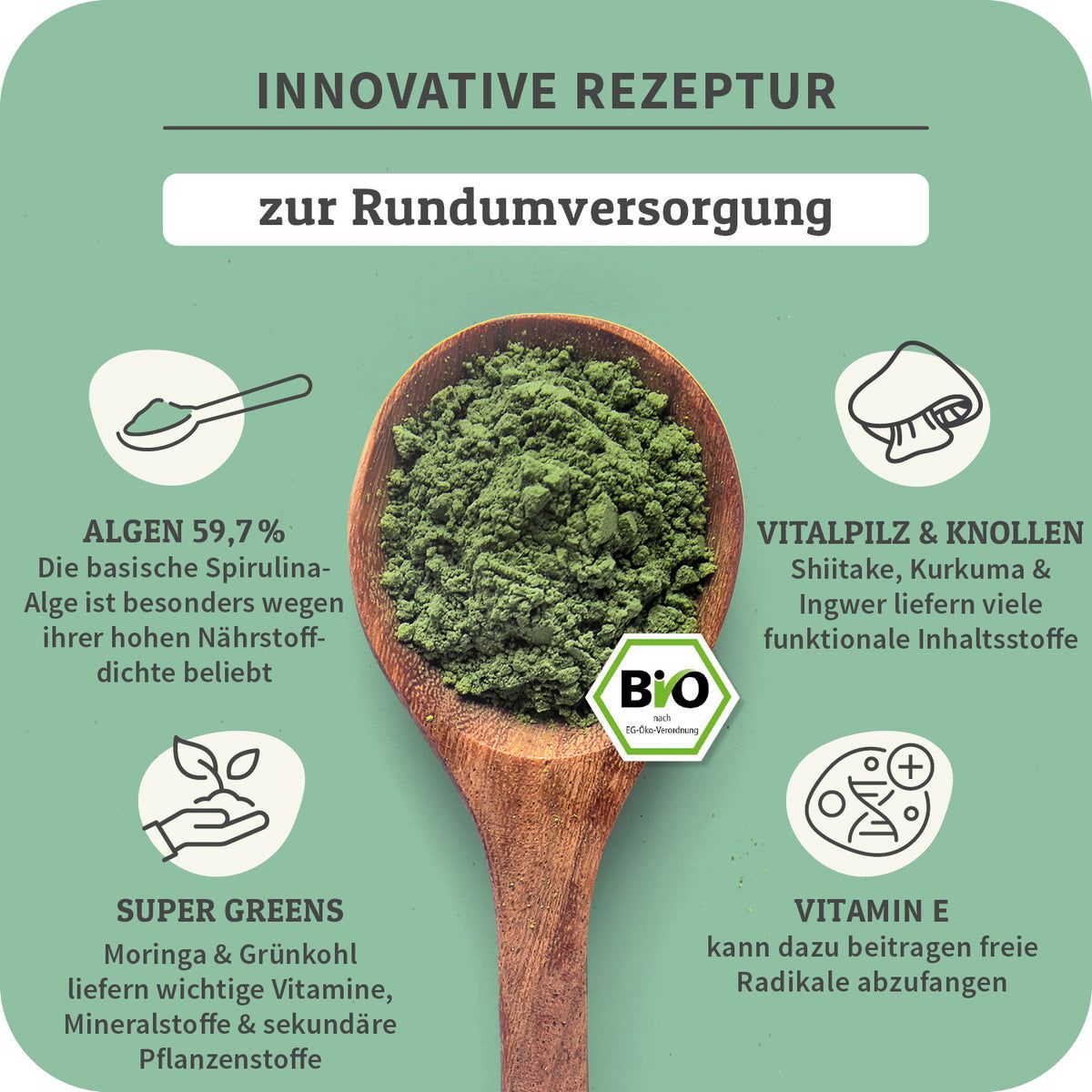 Holzlöffel mit grünem Pulver. Text: Innovative Rezeptur. Icons: Algen, Vitalpilze, Super Greens, Vitamin E. Bio-Siegel.