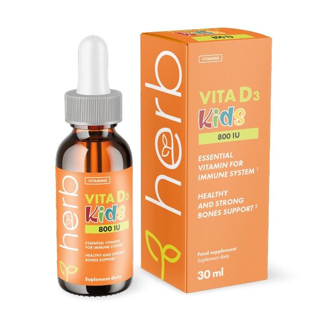 Herb Vita D3 Kids Tropfen, 800 IE, 30 ml. Braunes Glas mit Pipette und orangefarbener Faltschachtel.