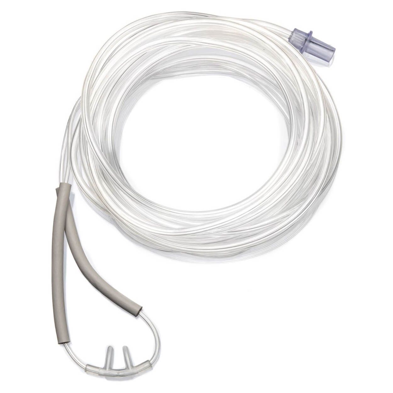 Sauerstoffbrille mit Ohrpolstern. Transparenter Schlauch, Nasenkanüle und Ohrpolster. Kunststoff. Aufgerollt.