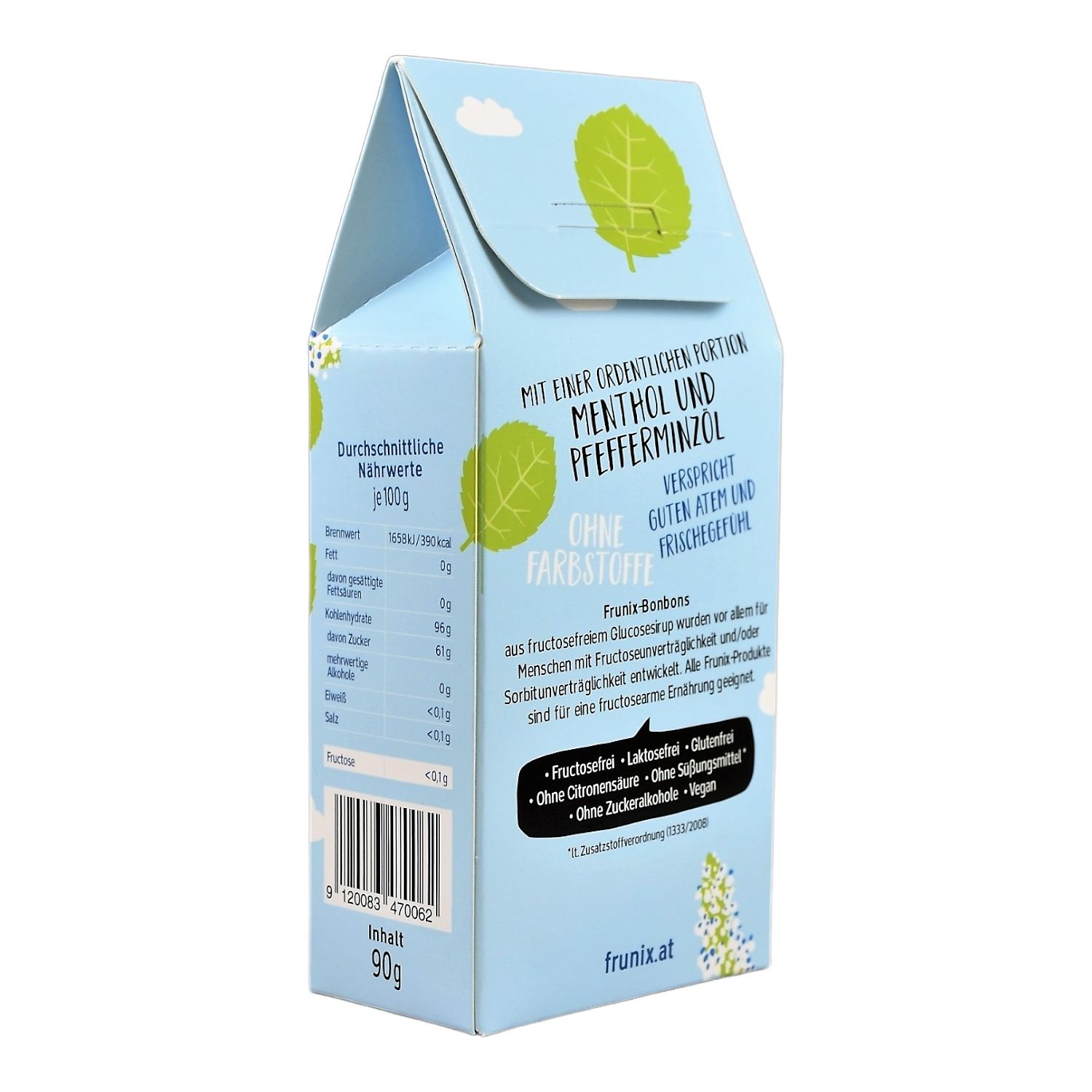 Rückseite der hellblauen Schachtel mit Frunix Bonbons. Aufschrift: MENTHOL UND PFEFFERMINZOL, ohne Farbstoffe. Nährwertangaben. 90g Inhalt.