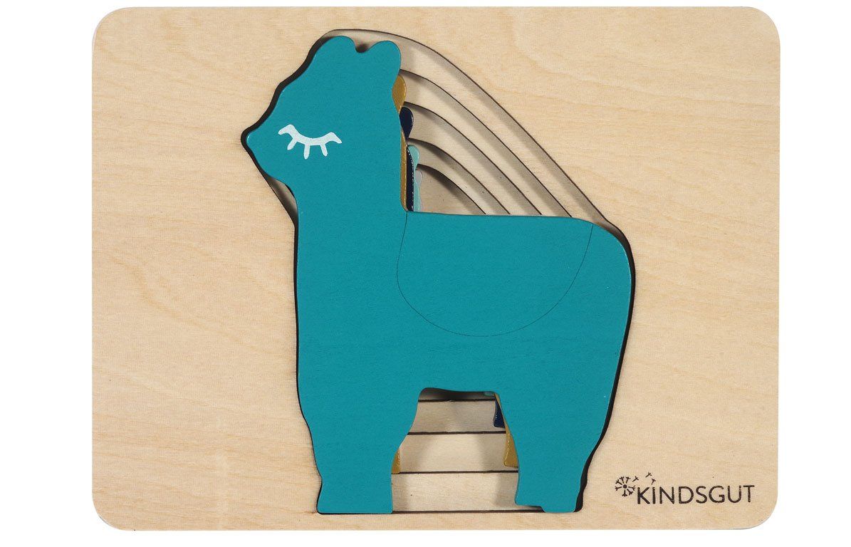 Holzpuzzle mit Lama-Motiv in Türkis. Das Puzzle hat eine Holzbasis und mehrere Ebenen. Das Logo "by Kindsgut" ist sichtbar.