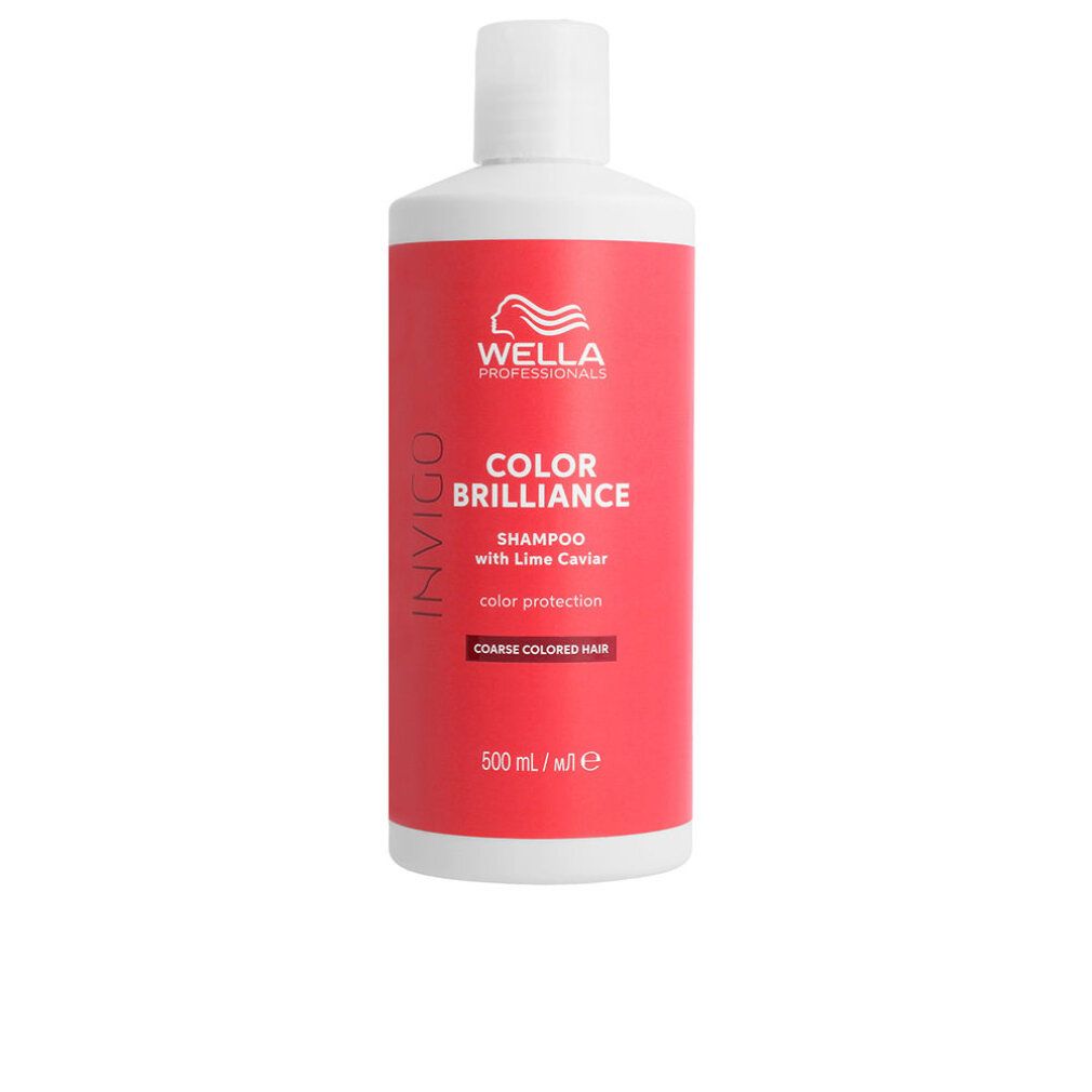 Rote Shampoo-Flasche mit weißem Deckel. Aufschrift: Color Brilliance Shampoo with Lime Caviar. Coarse Colored Hair.