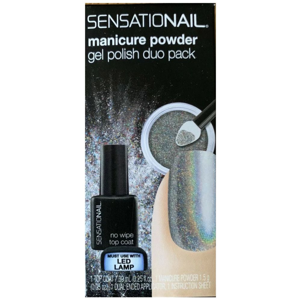 Sensationail Maniküre-Puder-Set. Enthält Top Coat, Puder und Applikator. Schwarze Flasche mit Aufschrift. LED-Lampe erforderlich.
