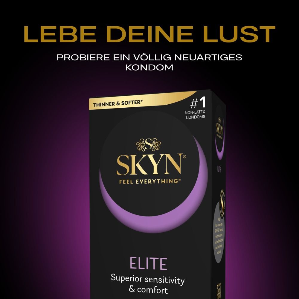 Werbung für SKYN Elite. Text: Lebe deine Lust. Probieren Sie ein völlig neuartiges Kondom. Nr. 1 Kondome.