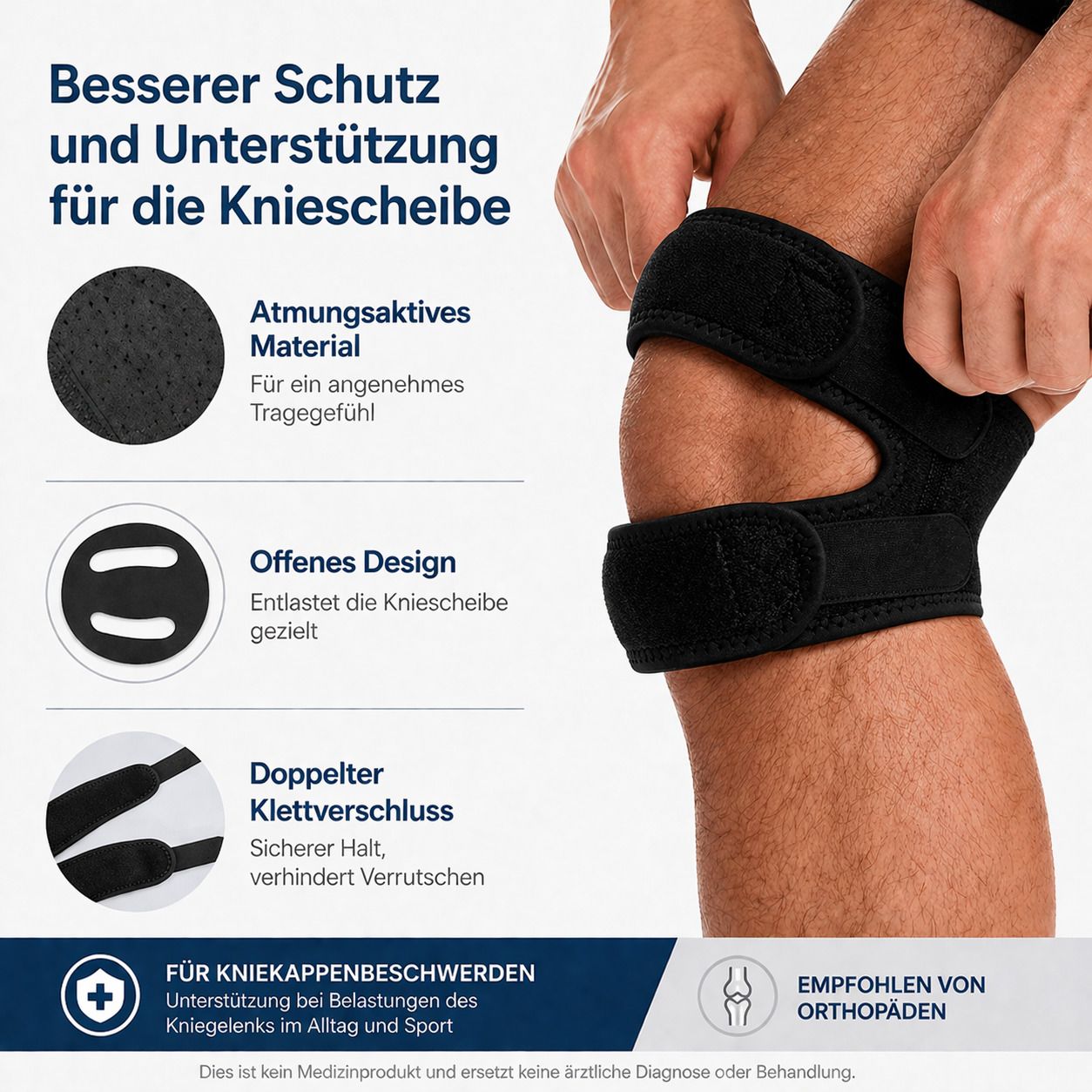Schwarze Kniebandage mit Klettverschlüssen. Atmungsaktives Material. Offenes Design. Für Kniekappenbeschwerden.