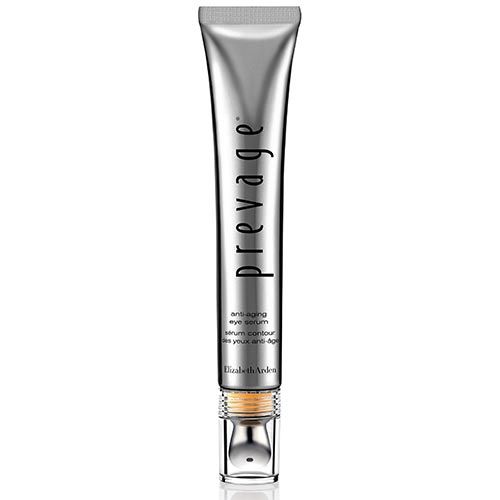 Silberfarbene Tube mit "prevage"-Schriftzug. Unten ein Applikator. Text: Anti-Aging Eye Serum.