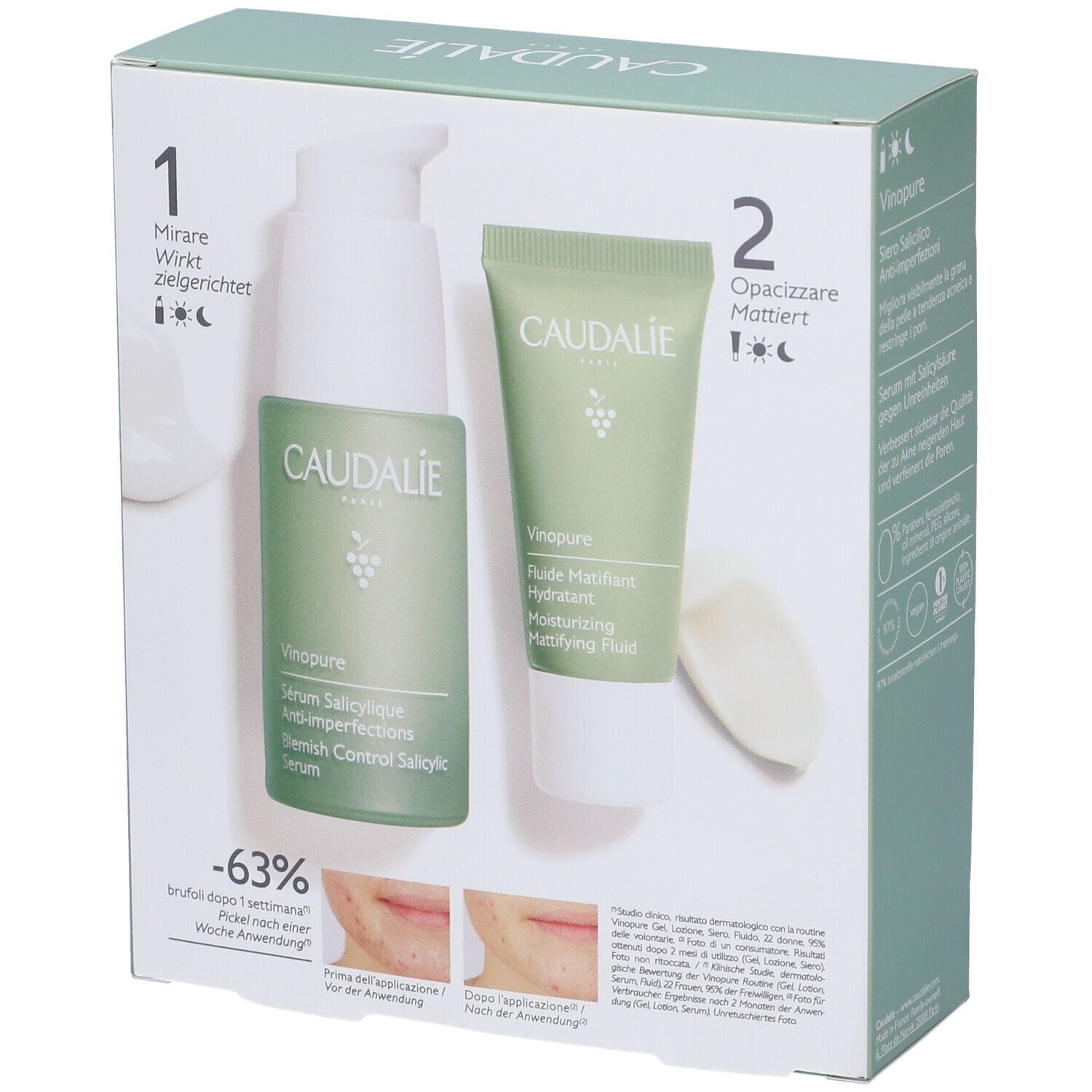 Cofanetto Caudalie Vinopure. Contiene siero e fluido. Confezione verde e bianca. Testo: Vinopure, Siero, -63% imperfezioni dopo 1 settimana di utilizzo.