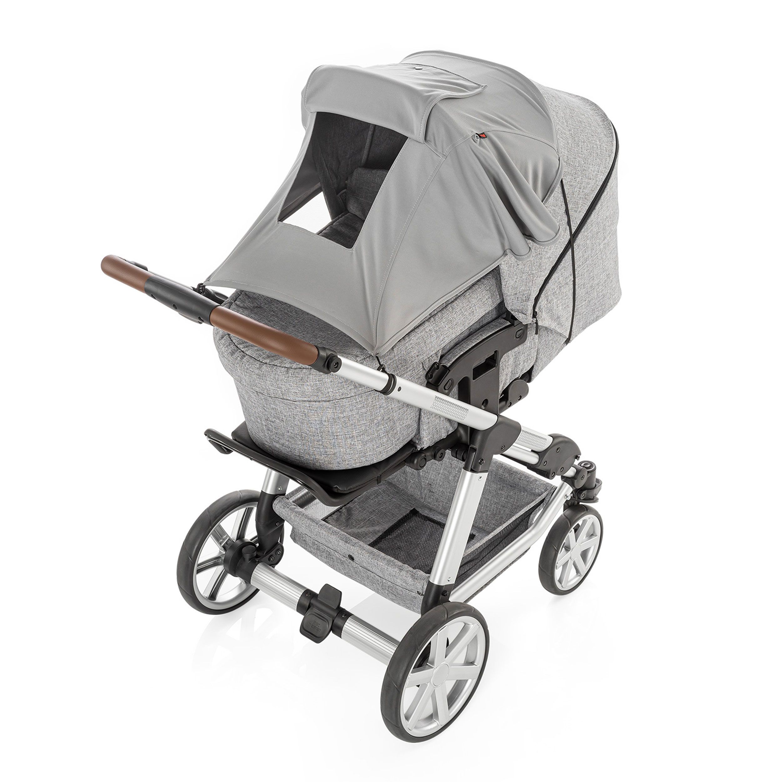 Grauer Kinderwagen mit verstellbarem Griff und Sonnendach.