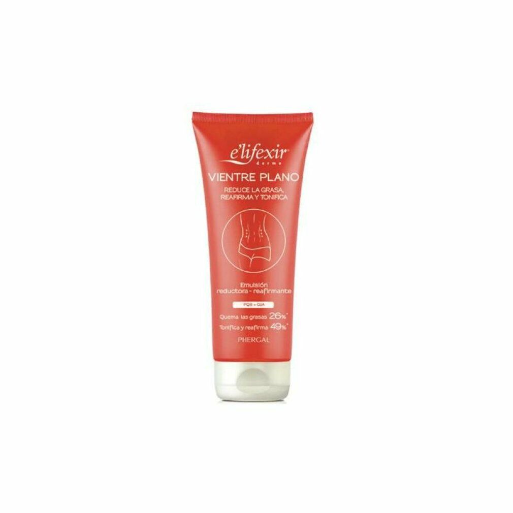 Rote Tube Elifexir Vientre Plano. Text: Reduziert Fett, strafft, tonisiert. Emulsion. 20% Fettreduktion, 40% Straffung.