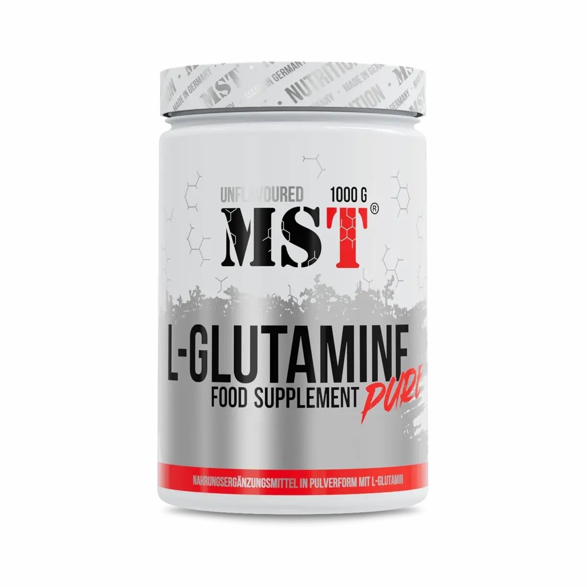 Weißes Supplement-Behälter mit rotem Deckel und Schriftzug MST L-Glutamine. 1000g. Unflavored.