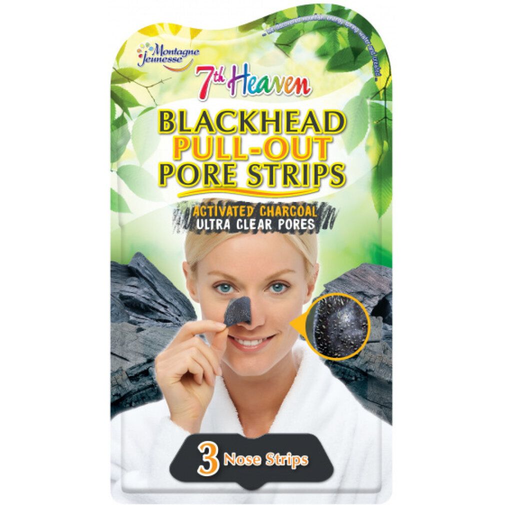 7th Heaven Blackhead Pull-Out Pore Strips Packung mit 3 Nasenstreifen, zeigt eine Frau, die einen Streifen entfernt.