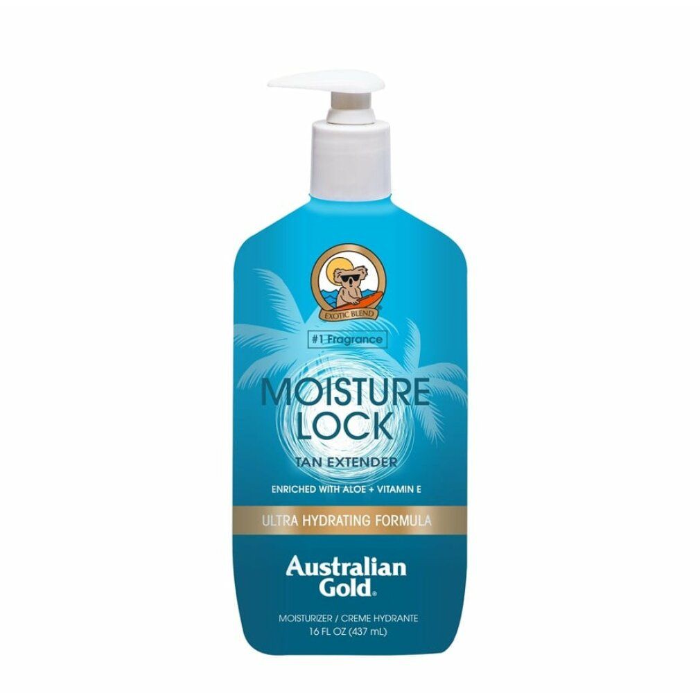 Blau-türkisfarbene Flasche mit weißem Pumpkopf. Text: Moisture Lock Tan Extender, Australian Gold. Mit Aloe und Vitamin E.