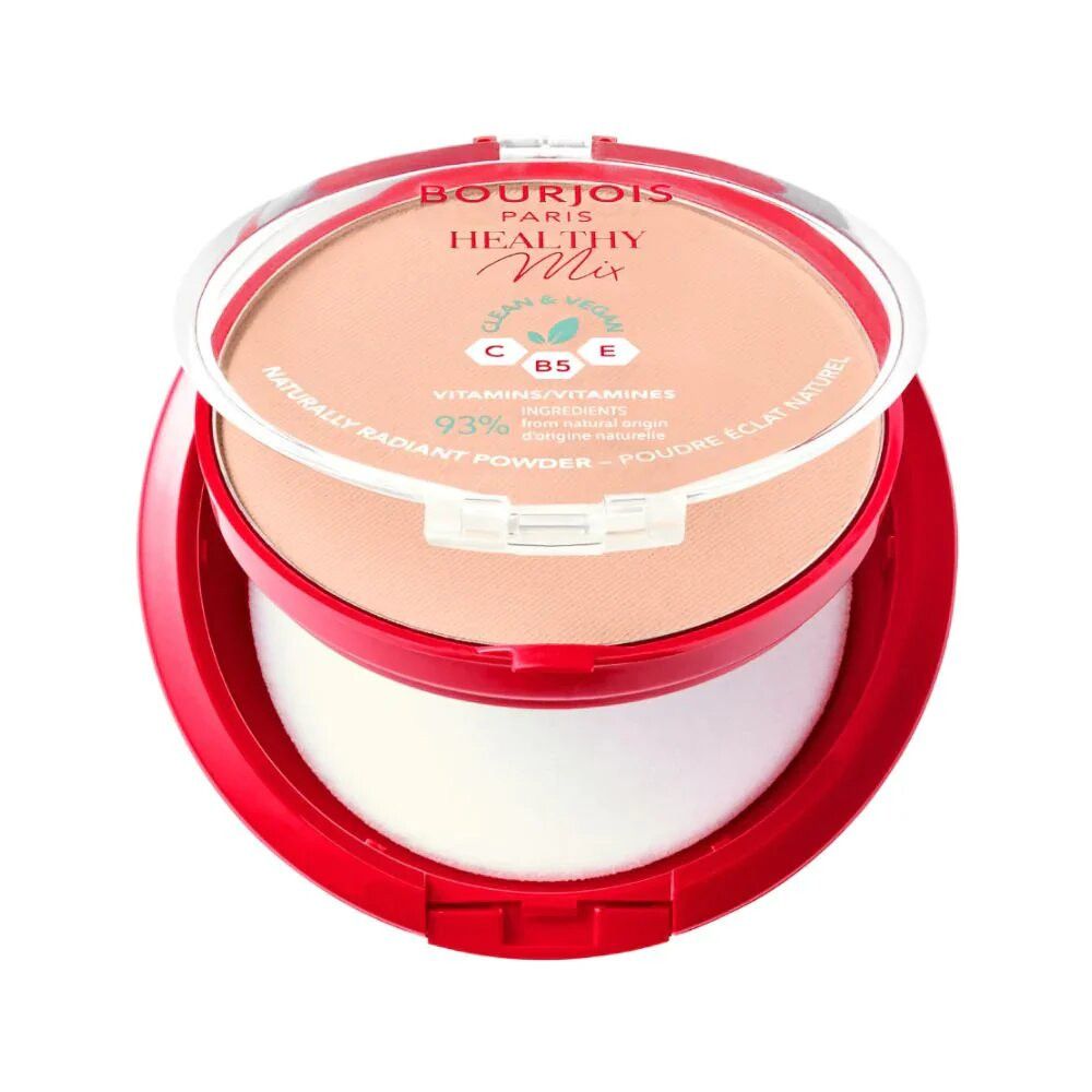 Runder, roter Behälter mit Puder. Deckel geöffnet, Puder und Schwamm sichtbar. Aufschrift: Bourjois Healthy Mix.