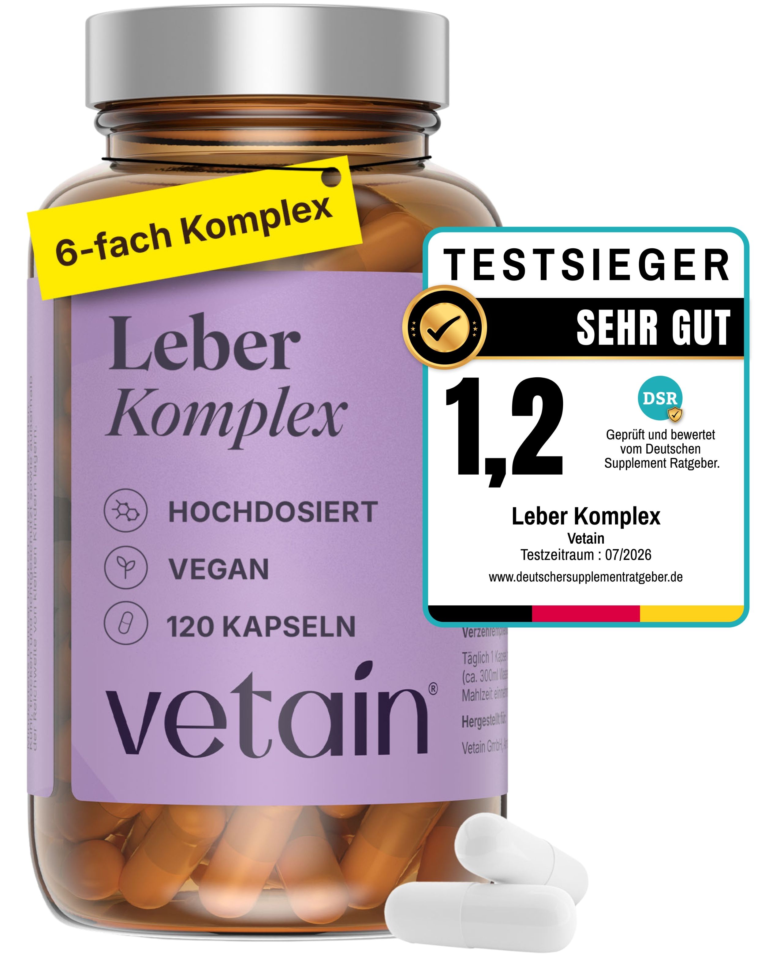 Flasche Vetaain Leber Komplex mit 120 Kapseln, 'Testsieger Sehr Gut' Siegel.