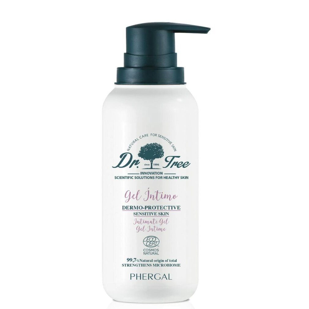Weißer Spender mit schwarzem Pumpkopf. Aufschrift: Dr. Tree, Gel Intime, für empfindliche Haut. COSMOS NATURAL-Zertifizierung.