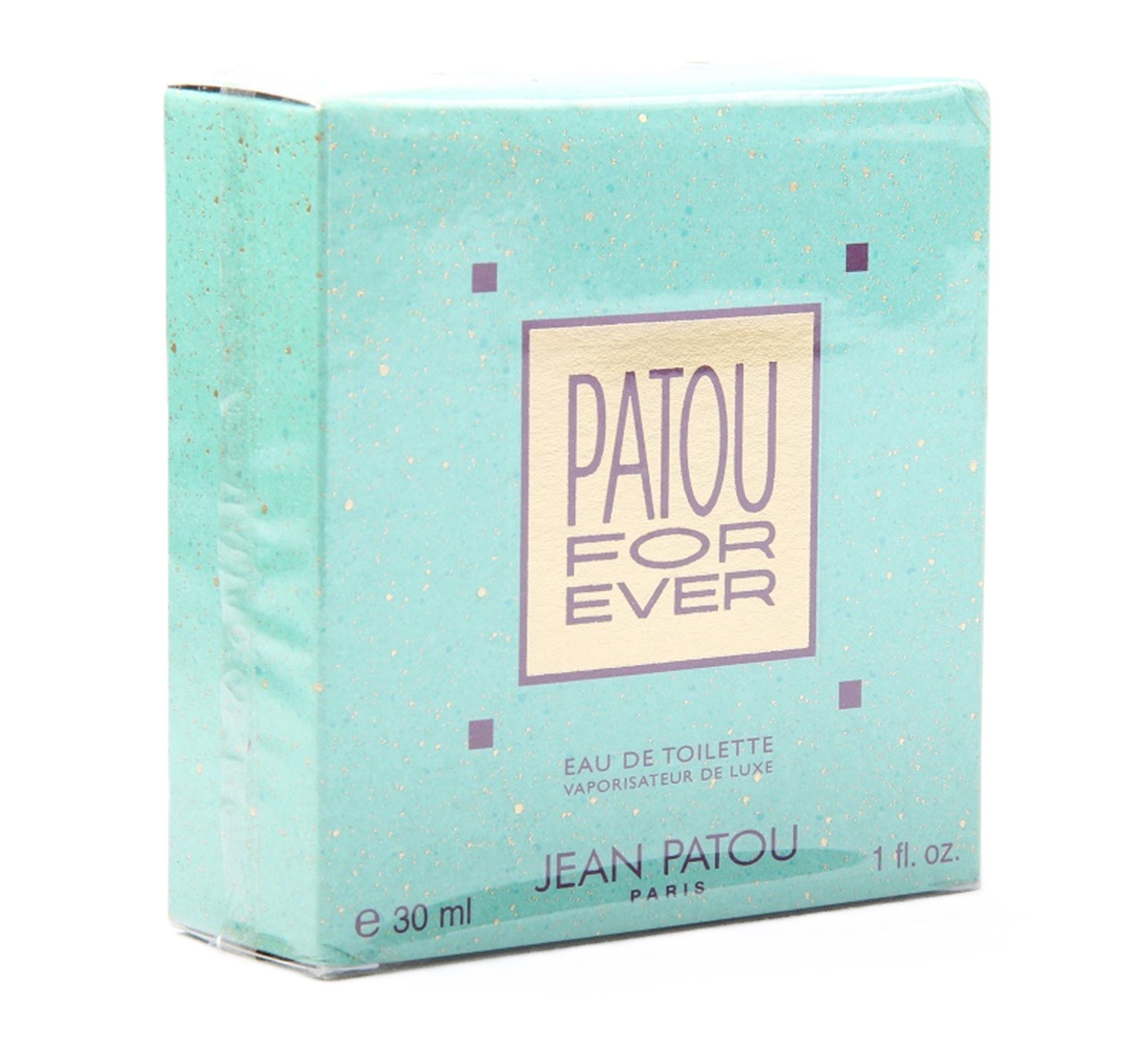 Türkisfarbene Schachtel mit Aufschrift PATOU FOR EVER. Text: EAU DE TOILETTE, JEAN PATOU PARIS, 30 ml, 1 fl oz.