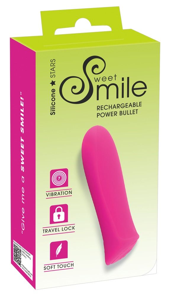 Pinkfarbener Vibrator in Verpackung. Aufschrift: Sweet Smile, Rechargeable Power Bullet. Verpackung in Grün und Pink.