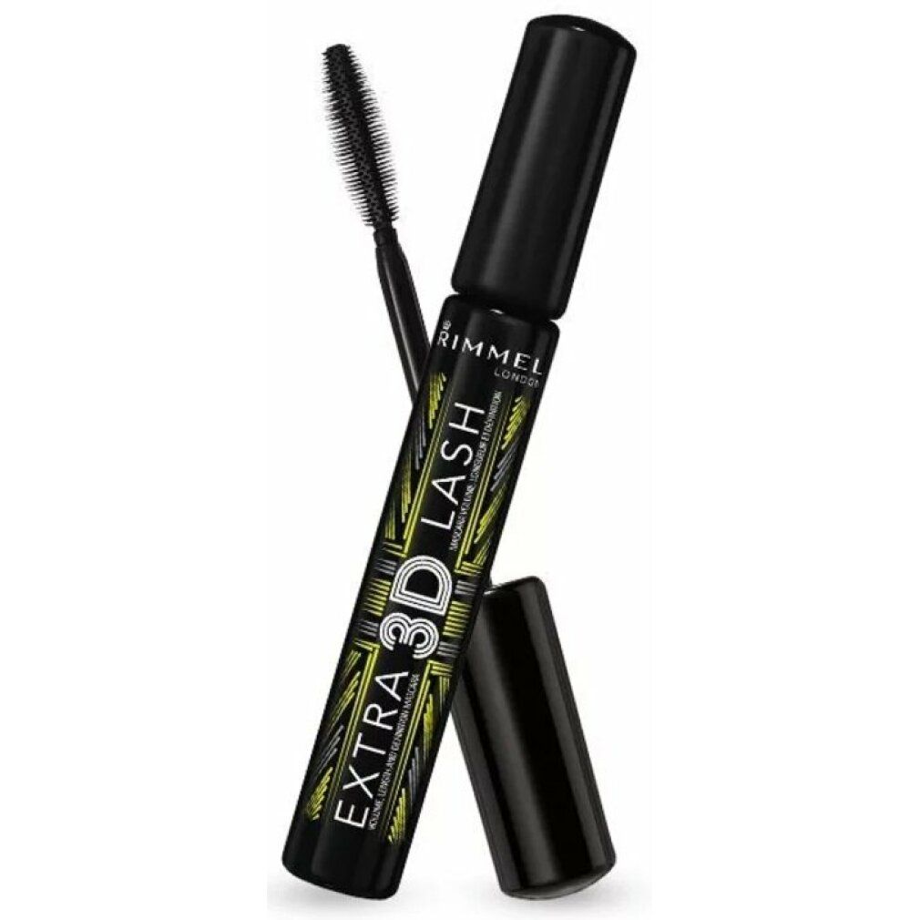 Schwarze Mascarabürste und -flasche. Aufschrift: EXTRA 3D LASH. Marke: Rimmel London. Deckel geöffnet.