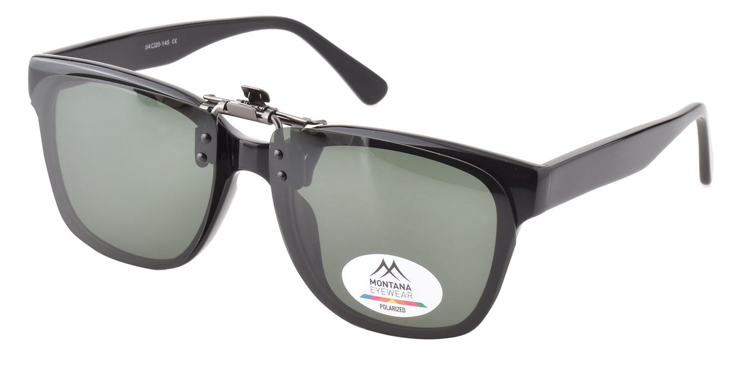 Schwarze Brille mit grünen Gläsern und Clip-on-Sonnenbrille. Montana Eyewear Logo und Polarized-Aufkleber.