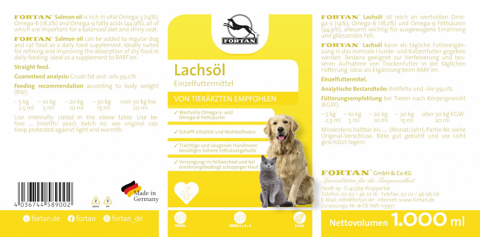 Etikett Lachsöl. Gelber Hintergrund mit Produktinformationen, Logo und Abbildungen von Hund und Katze. Hergestellt in Deutschland.
