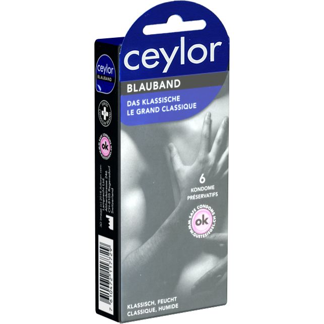 Ceylor *Blauband* hautverträgliche Kondome mit Gleitcreme, verpackt im hygienischen Dösli
