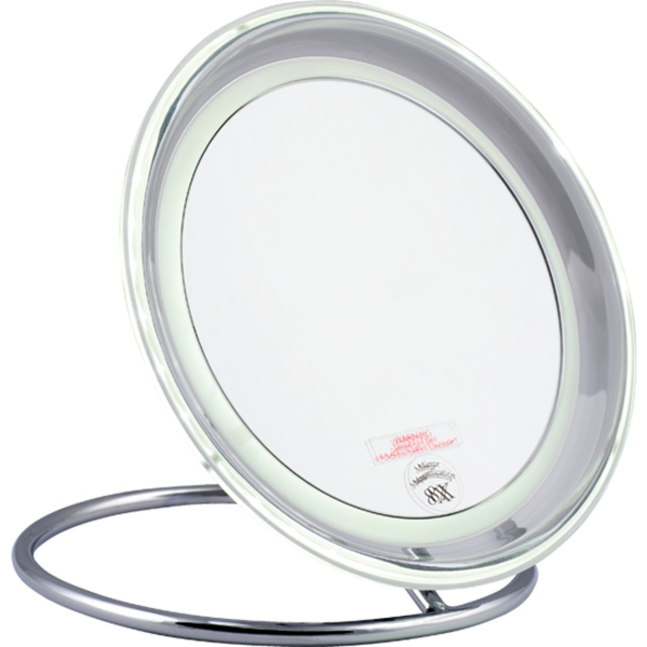 Kosmetikspiegel mit LED-Beleuchtung. Rund, verchromt, mit 8-facher Vergrößerung. Standfuß. Herstellerlogo.