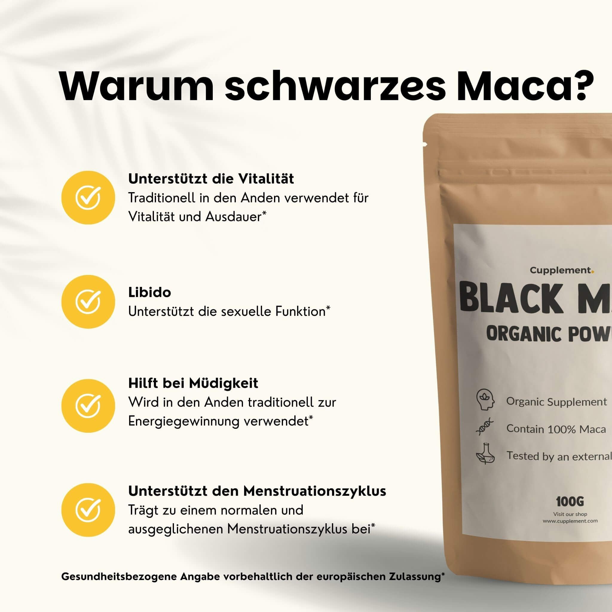 Grafik mit Text: Warum schwarzes Maca? Unterstützt Vitalität, Libido, hilft bei Müdigkeit, Menstruationszyklus.
