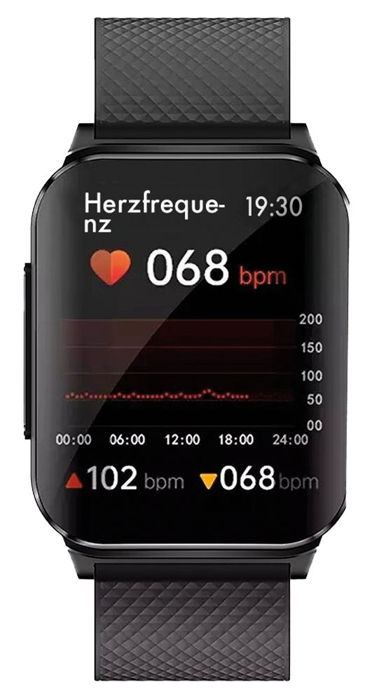 Schwarze Smartwatch mit Herzfrequenzanzeige. Zeigt 068 bpm, Diagramm, Uhrzeit 19:30. Armband mit Muster.