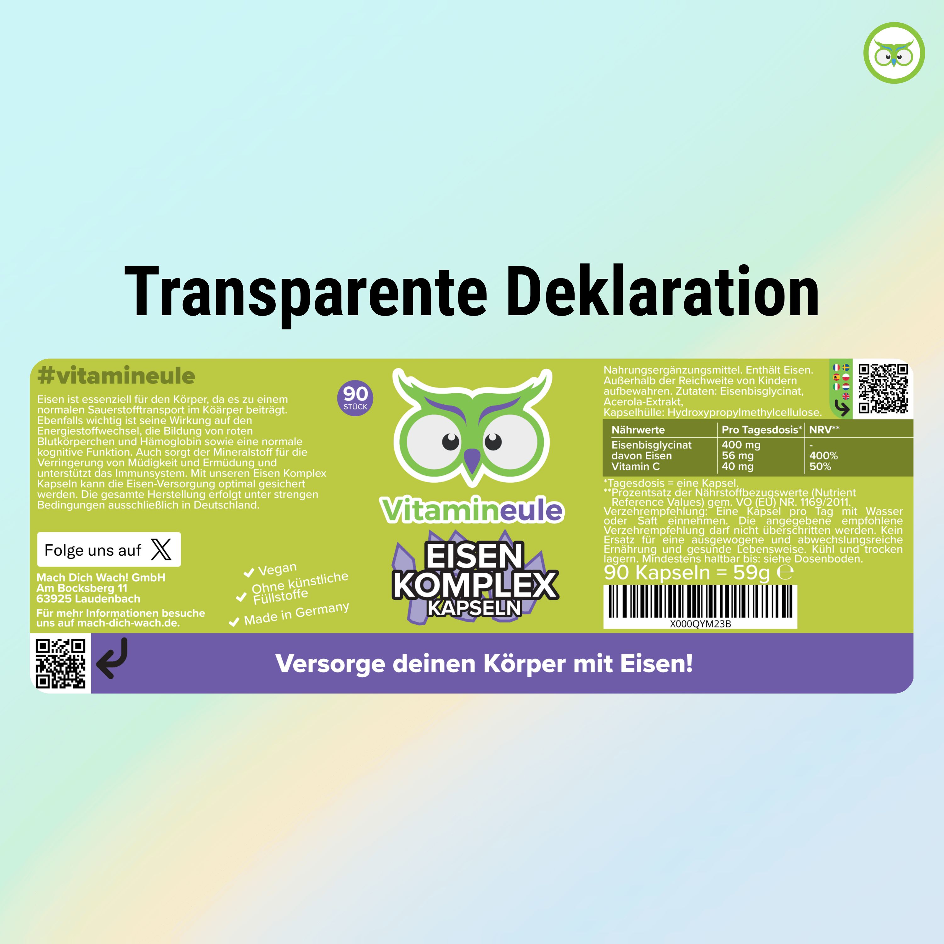 Etikett mit Text: Transparente Deklaration, Vitamineule, Eisen Komplex Kapseln, 90 Kapseln, Nährwerte, Inhaltsstoffe, QR-Code.