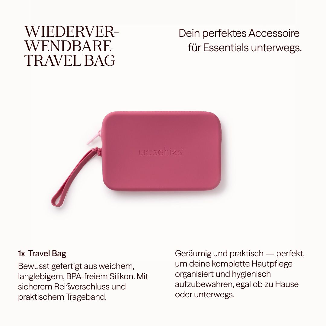 Pinkfarbene Travel Bag mit Trageschlaufe. Text: Wiederverwendbare Travel Bag, 1x Travel Bag.