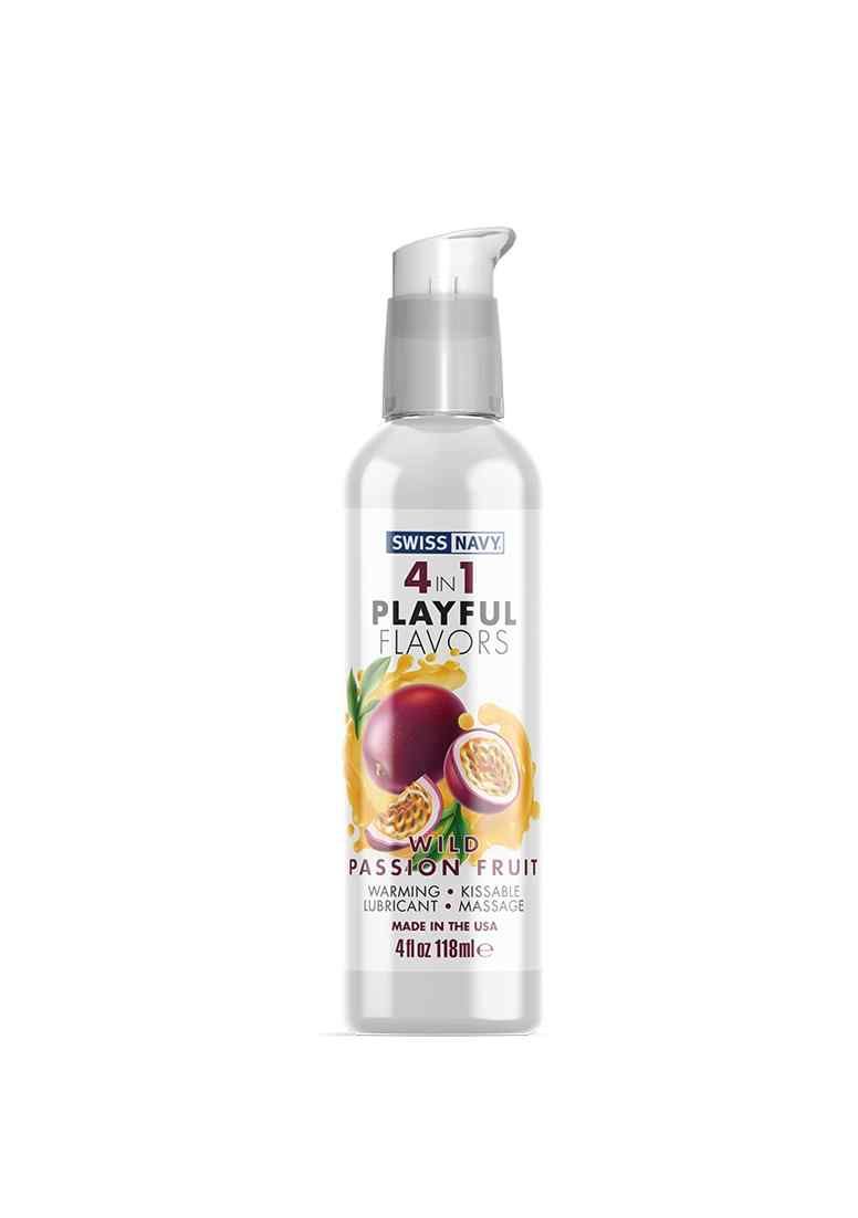 Flasche mit Pumpe. Aufschrift: Swiss Navy, 4 in 1 Playful Flavors, Wild Passion Fruit. Abbildung: Maracuja. 4 fl oz 118ml.