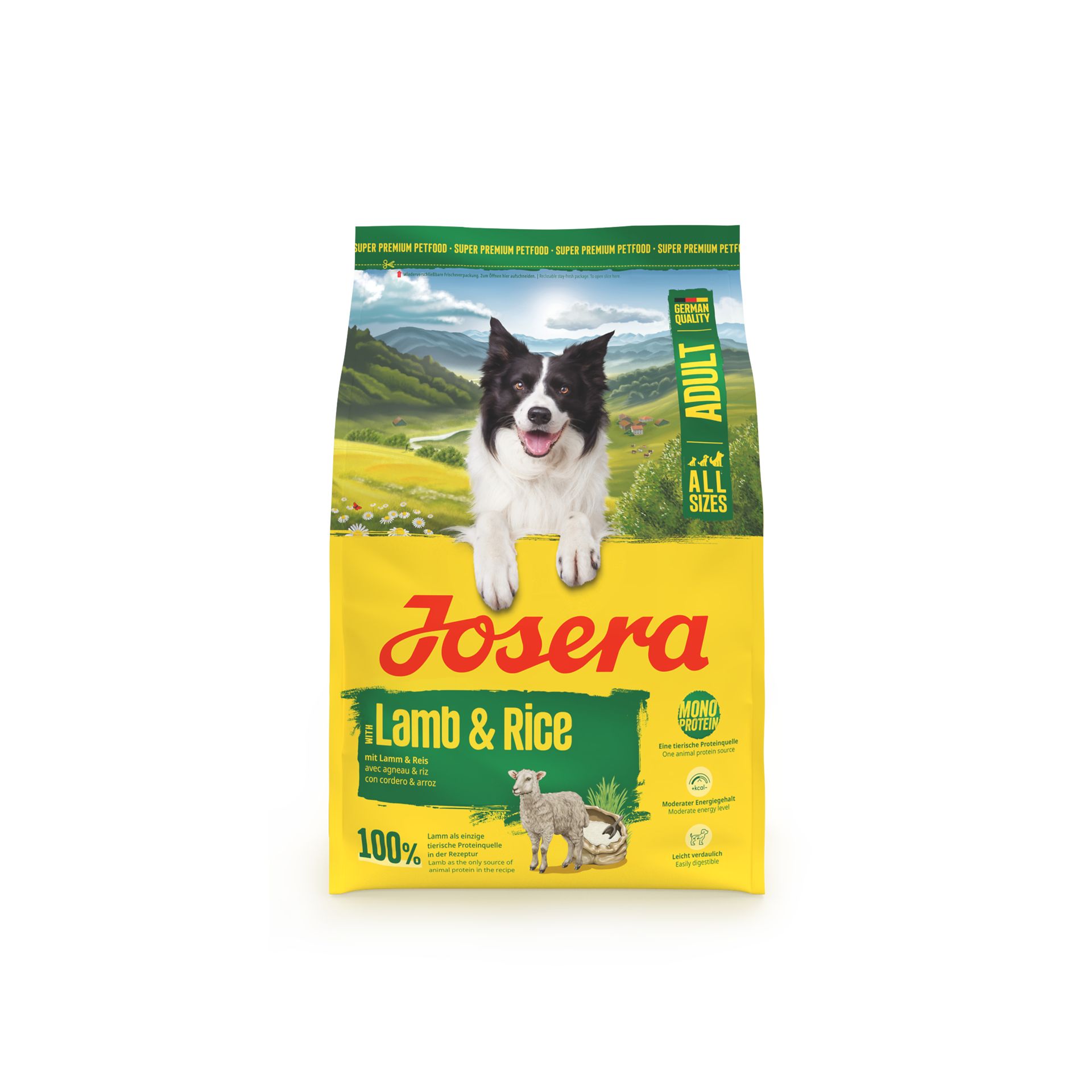 Josera Lamm & Reis Hundefutter-Sack mit einem Border Collie auf der Vorderseite.