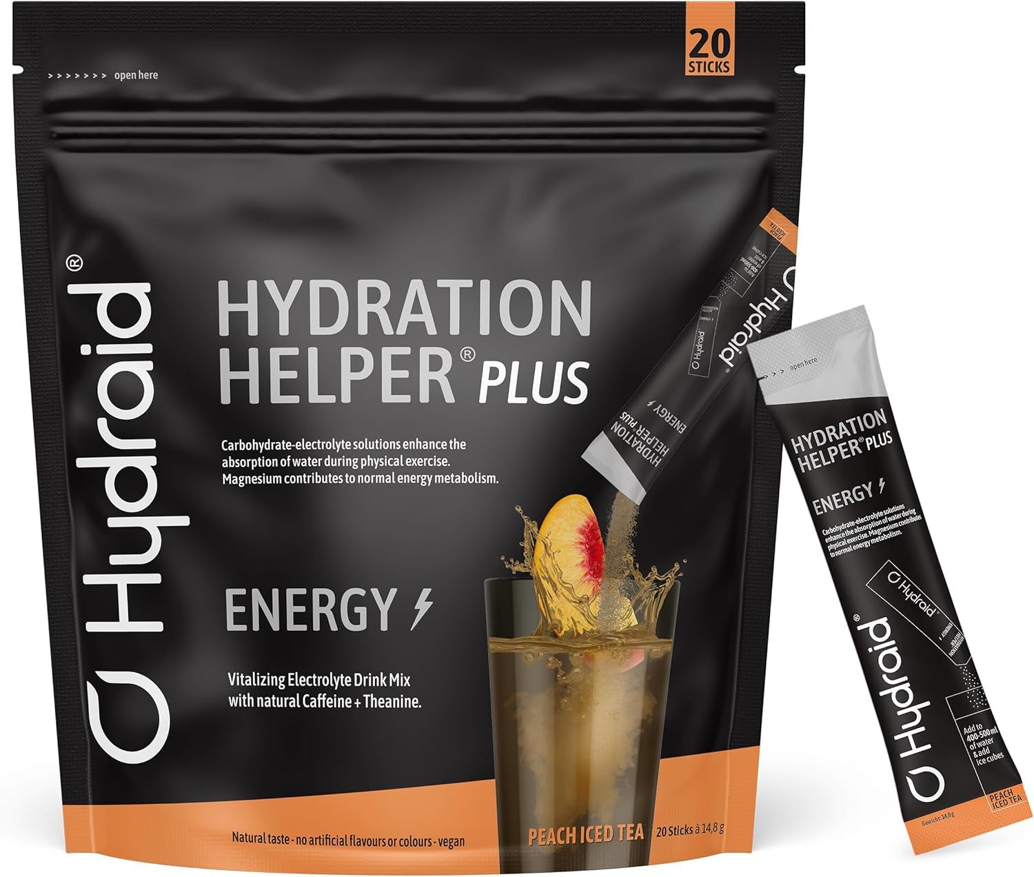 Beutel mit Hydraid PLUS ENERGY. 20 Sticks. Einzelner Stick. Text: Hydration Helper PLUS, Peach Iced Tea, Vitalizing Electrolyte Drink Mix.