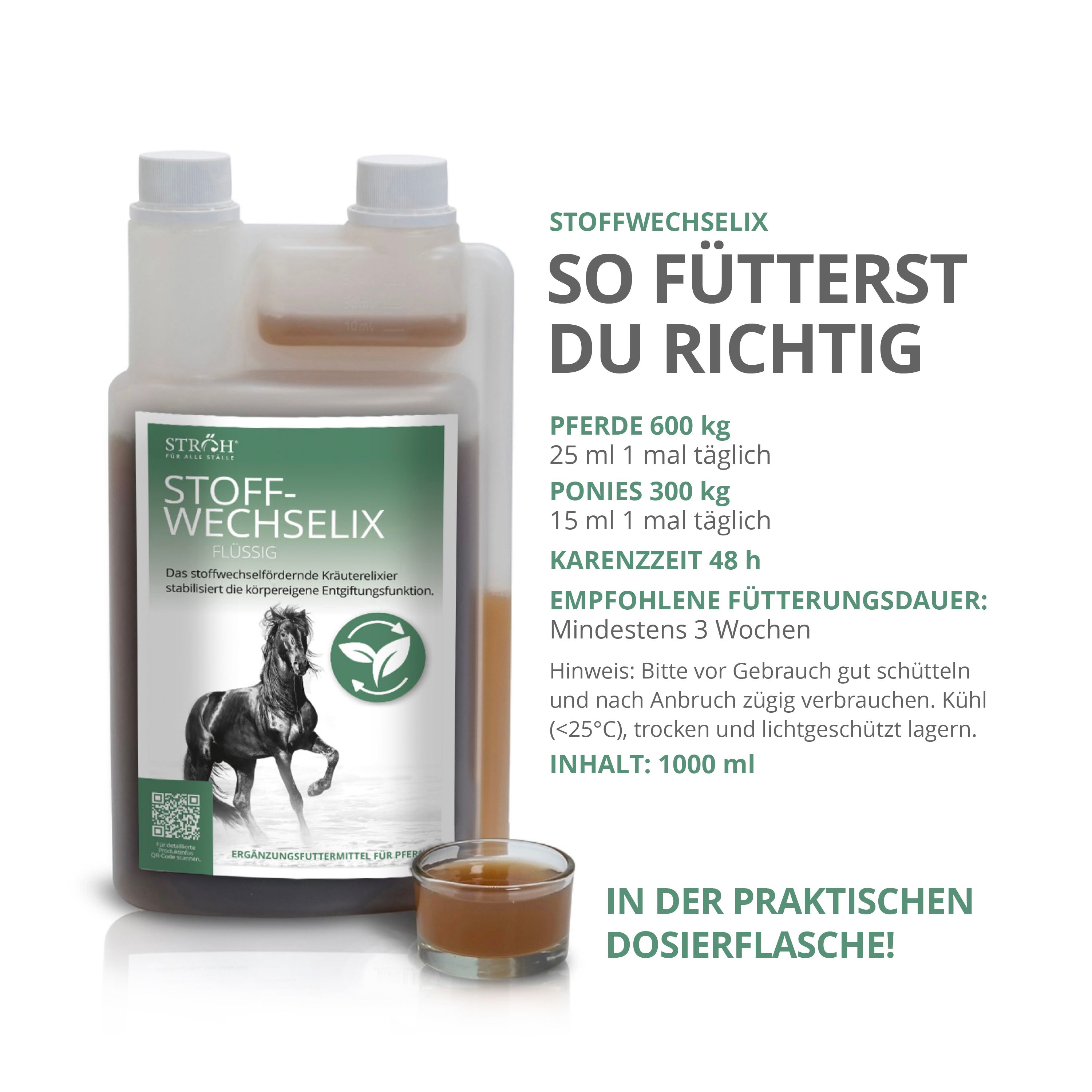 STRÖH STOFF-WECHSELIX Flasche mit Dosierbecher. Text, Dosierungsangaben, 1000 ml.