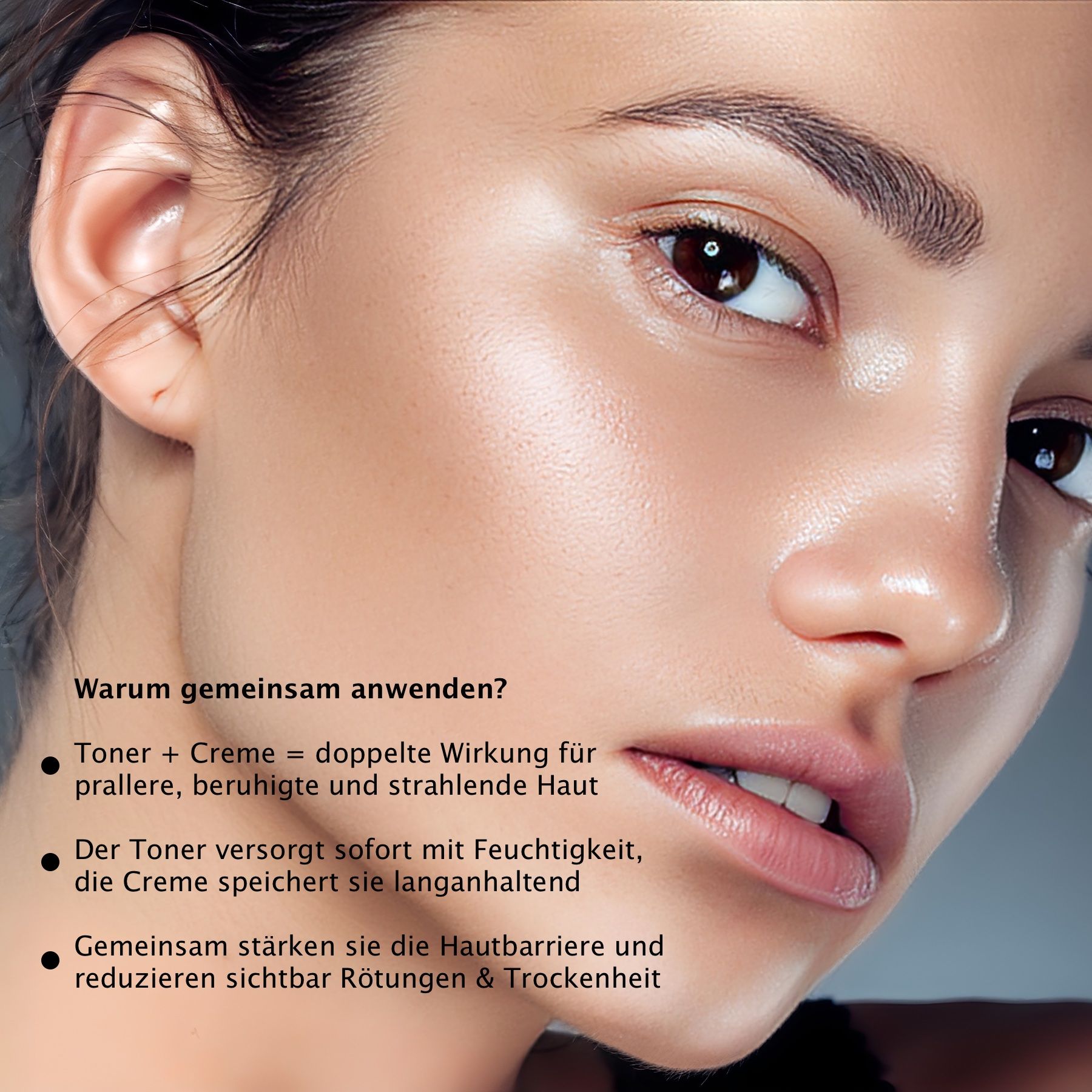 Porträt einer Frau mit glänzender Haut. Text: Warum gemeinsam anwenden? Text über Toner und Creme. Marke: Cosrx.