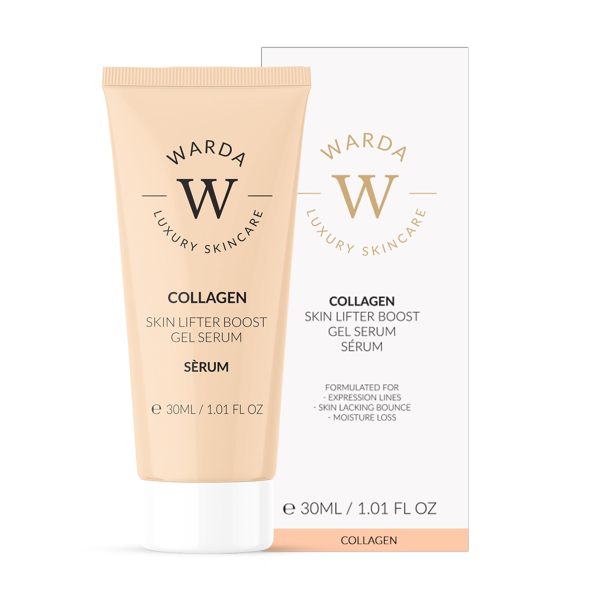 Warda Skincare Kollagen Skin Lifter Boost Gel Serum in 30ml Tube und Verpackung.