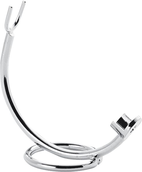 Verchromter Rasierer-Halter. Gebogene Form mit Halterung für Rasierer und Pinsel. Runde Basis.