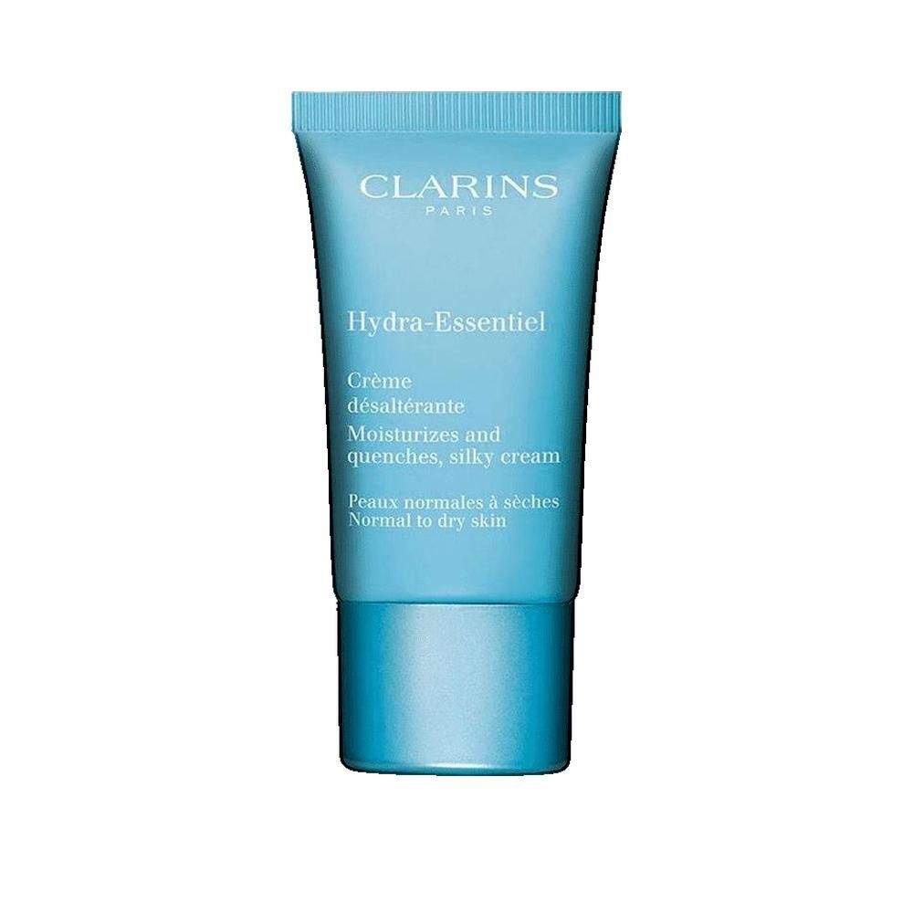 Hellblau-farbene Tube. Aufschrift: CLARINS PARIS, Hydra-Essentiel, Crème désaltérante, Moisturizes and quenches, silky cream, Peaux normales à sèches, Normal to dry skin.