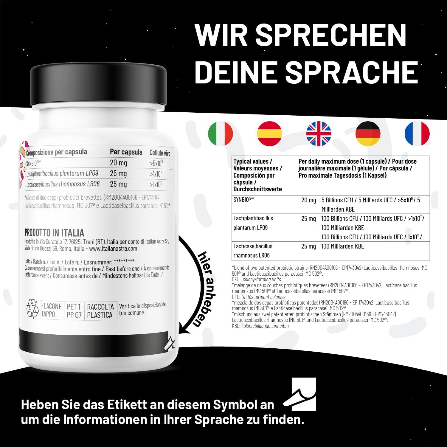 Text: Wir sprechen Ihre Sprache. Flaggen: Italien, Spanien, Großbritannien, Deutschland, Frankreich.