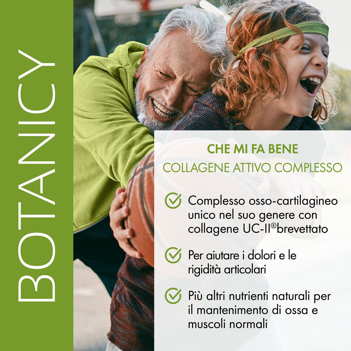 Foto pubblicitaria con due persone. Testo: "COLLAGENE Attivo Complesso". Vantaggi: complesso osseo-cartilagineo, collagene UC-II, dolori articolari.