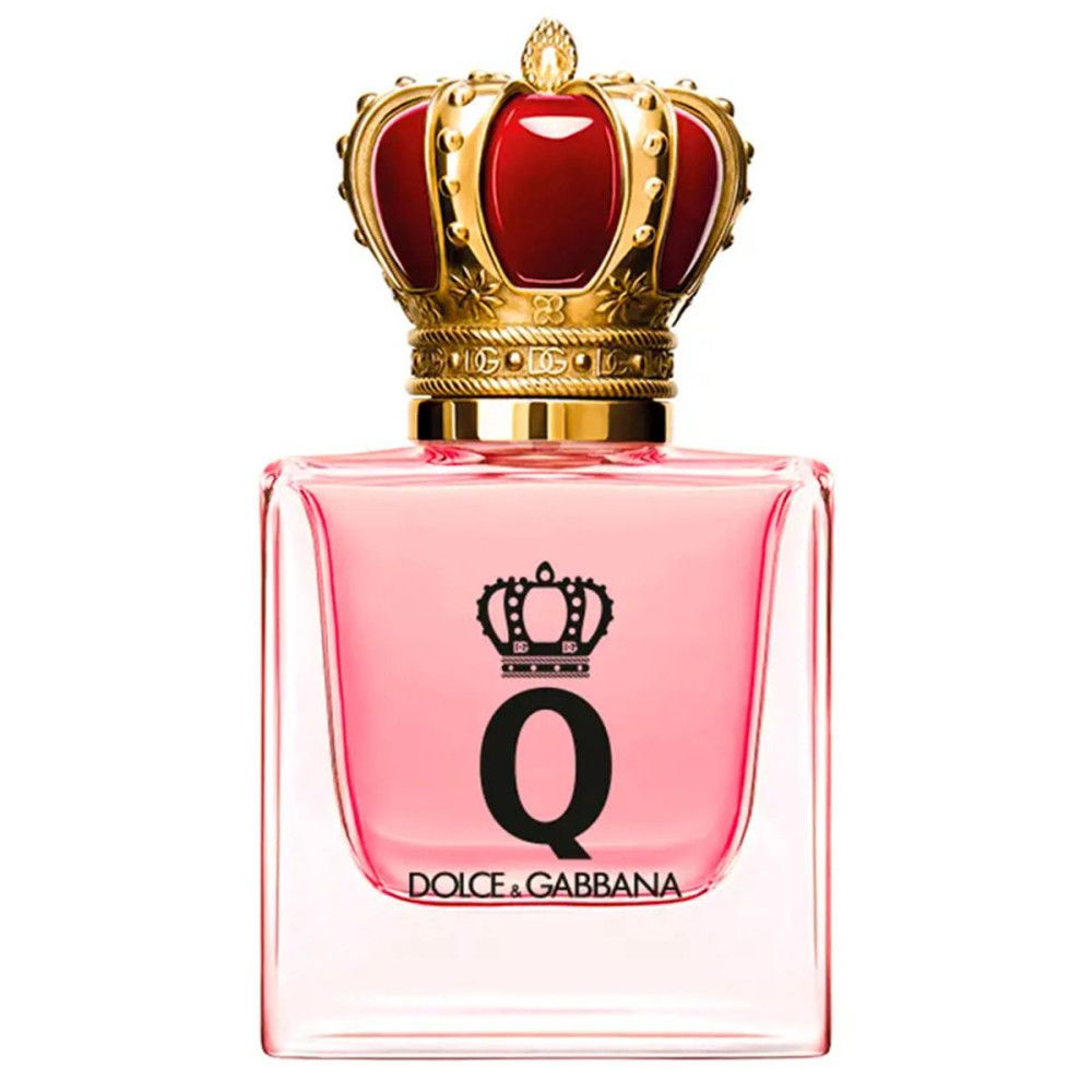 Q by Dolce & Gabbana Eau de Parfum. Rosa Flakon mit goldener Krone und schwarzem Q-Logo.