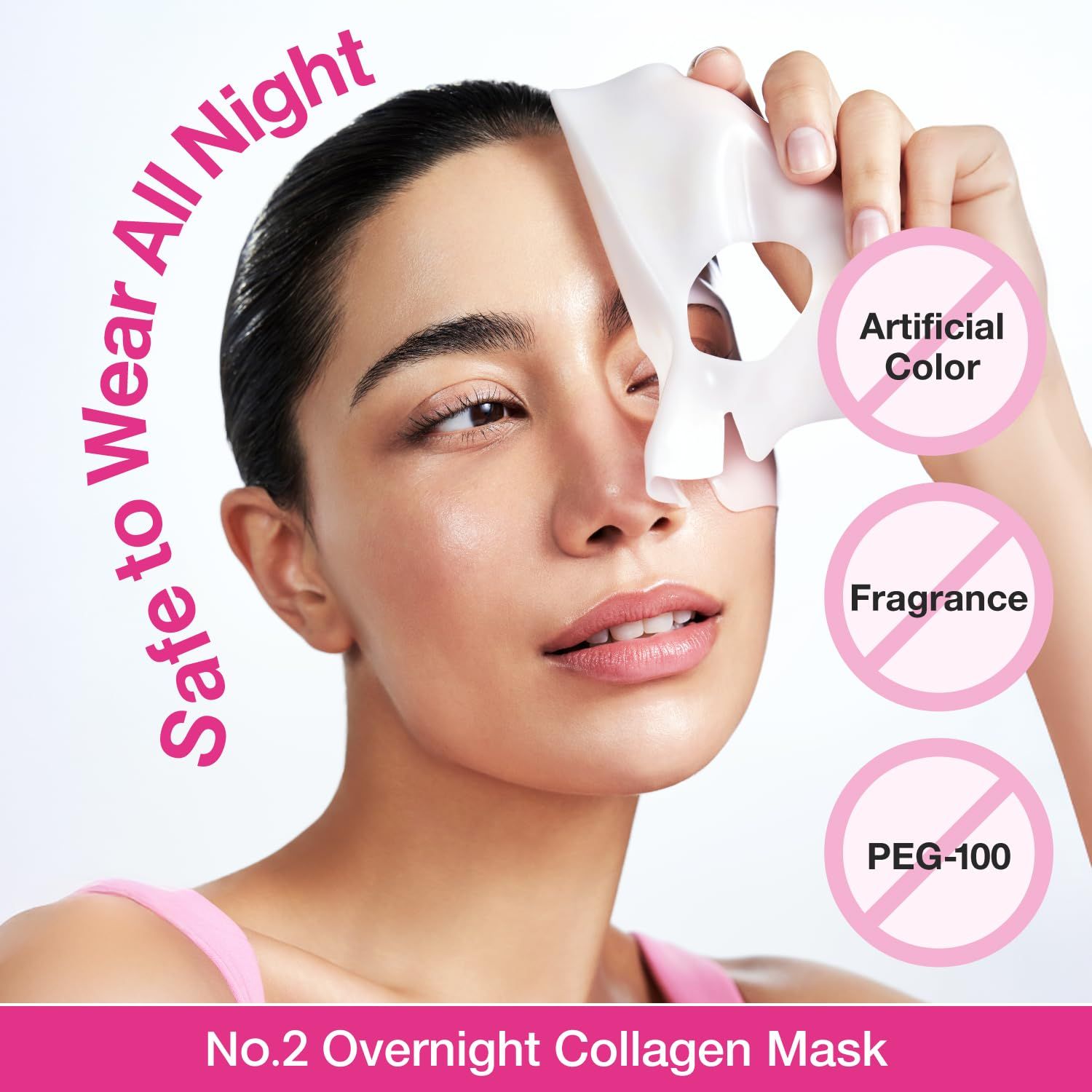 Frau hält Maske vor Gesicht. Text: "Safe to Wear All Night".  Keine künstlichen Farben, Duftstoffe oder PEG-100.